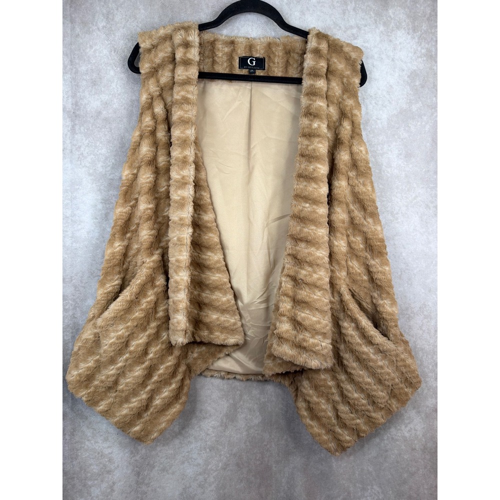 G by Giuliana Faux Fur Open Front‎ Draped Vest Tan Womens Size Medium w Pockets